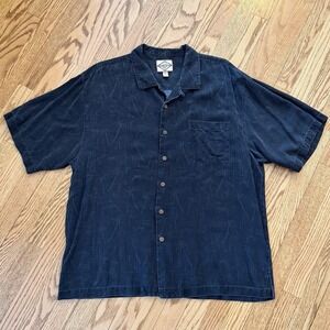 Three Palm Men's Silk Shirt XXL Palm Tree Print Dark Gray Hawaiian Resort Camp